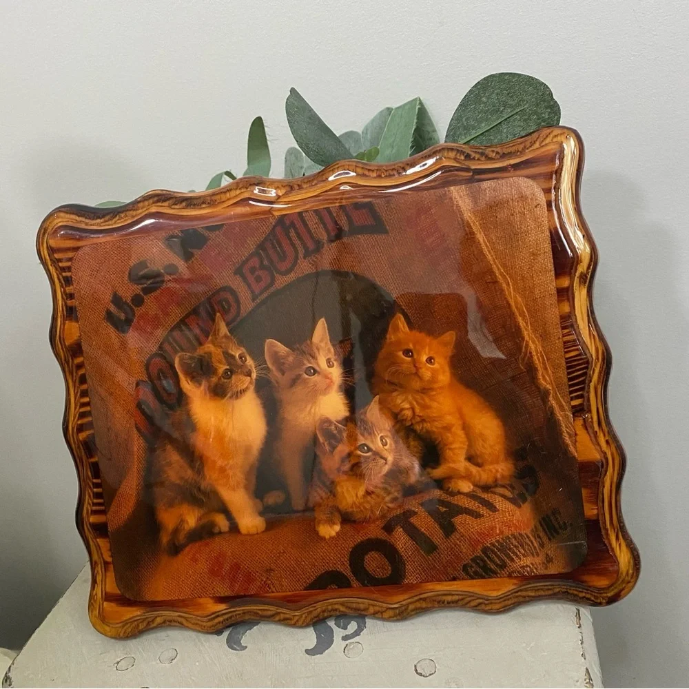 Vintage Wood Laquard Kittens Cats Art Home Wall Decor